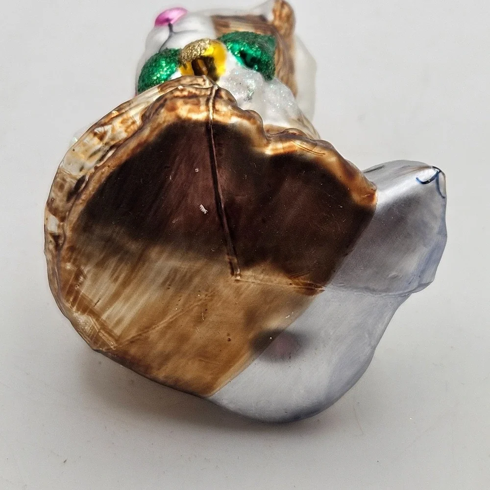Vintage OWC Glass Cat‎ & Mouse Christmas Ornament Santa Hat